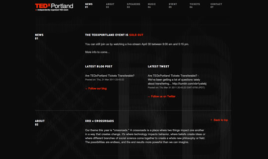 TEDxPortland is another nice single page layout with footer navigation