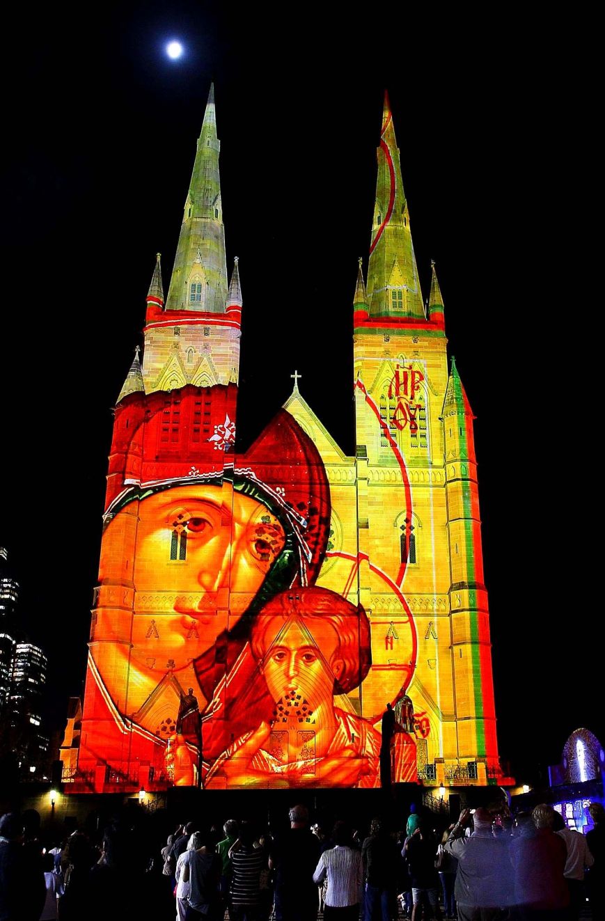 'Christmas Lights 2013' in Sydney, Australia. Original light pattern on the Cathedral of St. Mary